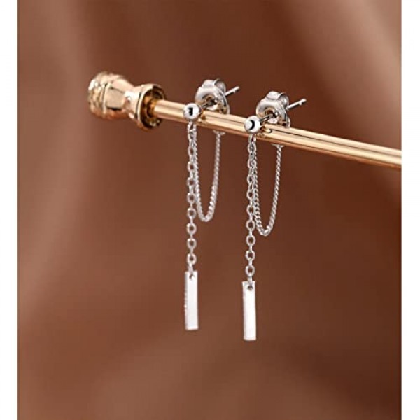 SIXDUTON 925 스털링 실버 바 드롭 귀걸이 체인 여성용 긴 체인 귀 라인 소녀 Threader Dangle 귀걸이, 스털링 실버