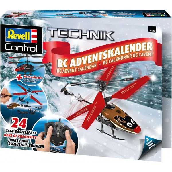 Revell Control 010339091 원격 제어가 있는 RC 헬리콥터 강림절 달력, 2.4GHz, LED 조명, 자이로, 배터리 포함 24일 만에 자체 제작, 원격 조종 헬리콥터, 빨간색