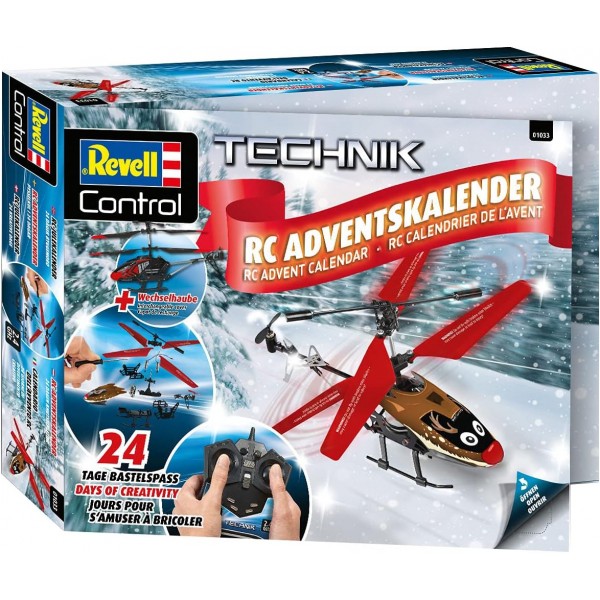 Revell Control 010339091 원격 제어가 있는 RC 헬리콥터 강림절 달력, 2.4GHz, LED 조명, 자이로, 배터리 포함 24일 만에 자체 제작, 원격 조종 헬리콥터, 빨간색