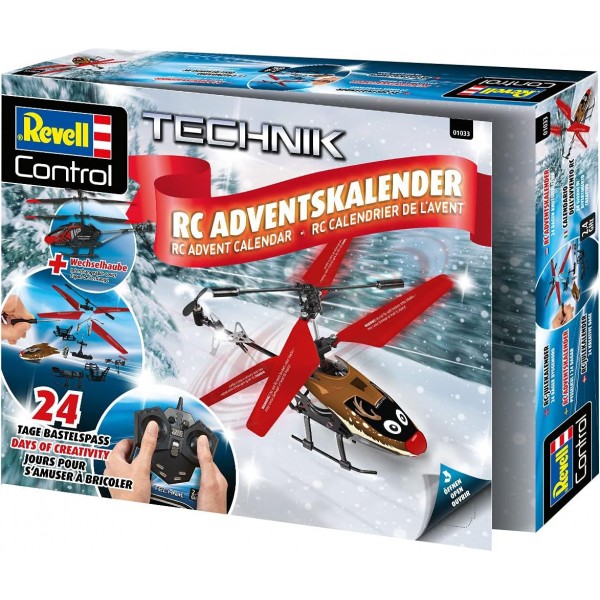 Revell Control 010339091 원격 제어가 있는 RC 헬리콥터 강림절 달력, 2.4GHz, LED 조명, 자이로, 배터리 포함 24일 만에 자체 제작, 원격 조종 헬리콥터, 빨간색