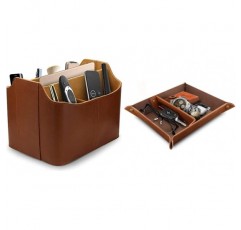 Londo 가죽 리모컨 오거나이저 및 태블릿 수납 공간이 있는 홀더, 리모컨 홀더(황갈색) 및 빈 가죽 주머니 - Vide Poche - 가죽 트레이 오거나이저, 실용적인 보관함(황갈색)