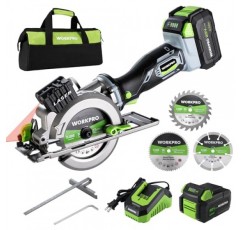 WORKPRO 20V 무선 미니 원형톱, 4-1/2 소형 무선 원형톱 4.0Ah 배터리, 고속 충전기, 톱날 3개, 4500RPM, 레이저 가이드, 최대 절단 깊이 1-11/16(90°), 1-1 /8(45°)