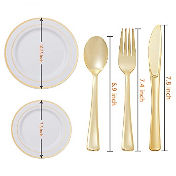 N9R 125PCS 흰색 플라스틱 접시, 금 테두리 및 일회용 금 플라스틱은 제품 세트, 25개의 저녁 식사 접시, 디저트 접시, 금 포크, 칼 및 숟가락 포함, 결혼식 파티에 충분히 