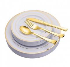 N9R 125PCS 흰색 플라스틱 접시, 금 테두리 및 일회용 금 플라스틱은 제품 세트, 25개의 저녁 식사 접시, 디저트 접시, 금 포크, 칼 및 숟가락 포함, 결혼식 파티에 충분히 