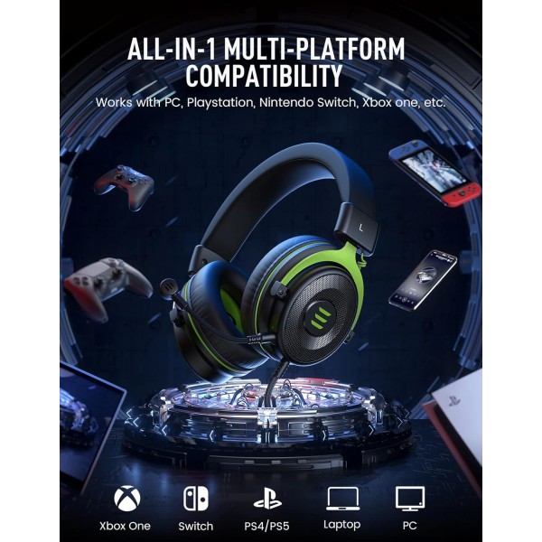 EKSA PC 헤드셋 및 Mikrofon, 게임용 헤드셋 및 소음 제거 마이크, 3,5mm 베이스 스테레오 사운드 PC용 PC 헤드셋 PS4 PS5 스위치 Xbox One 노트북 태블릿(E900, 녹색) Grün