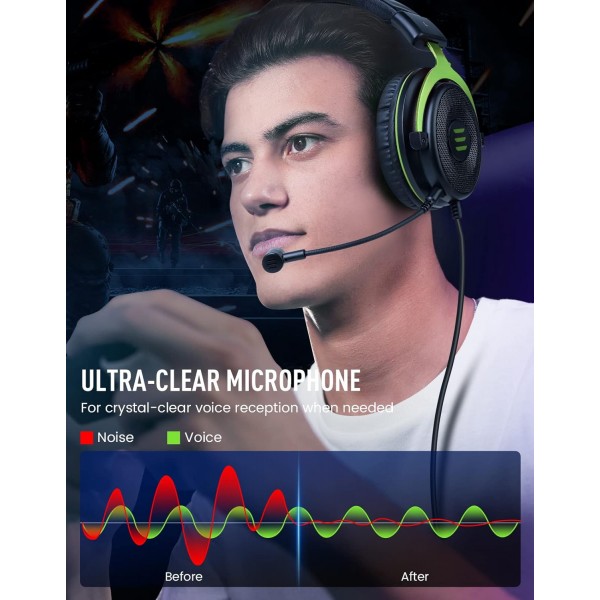 EKSA PC 헤드셋 및 Mikrofon, 게임용 헤드셋 및 소음 제거 마이크, 3,5mm 베이스 스테레오 사운드 PC용 PC 헤드셋 PS4 PS5 스위치 Xbox One 노트북 태블릿(E900, 녹색) Grün