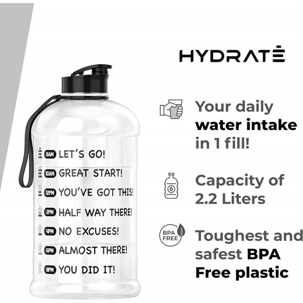 HYDRATE Tracker XL 저그 - 동기 부여 시간 표시가 있는 2.2리터 물병(2.2리터, 투명)