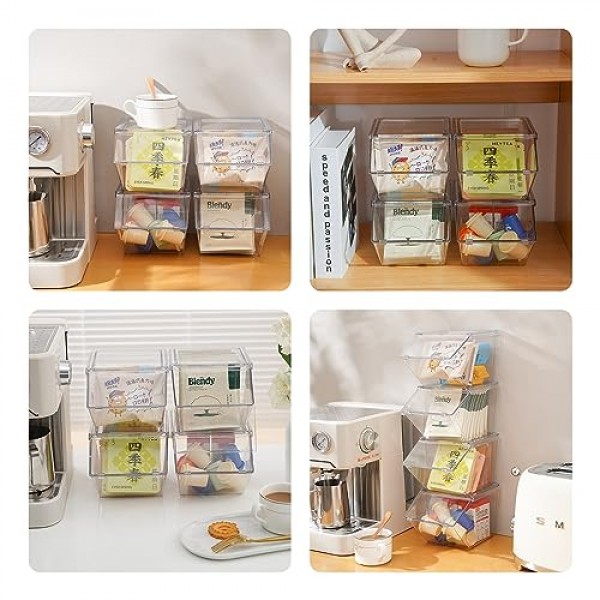 LLGWGL 티백 주최자 커피 포드 홀더 K 컵 홀더, 쌓을 수 있는 대용량 아크릴 책상 주최자 상자 뚜껑이 있는 스낵 주최자, 4팩