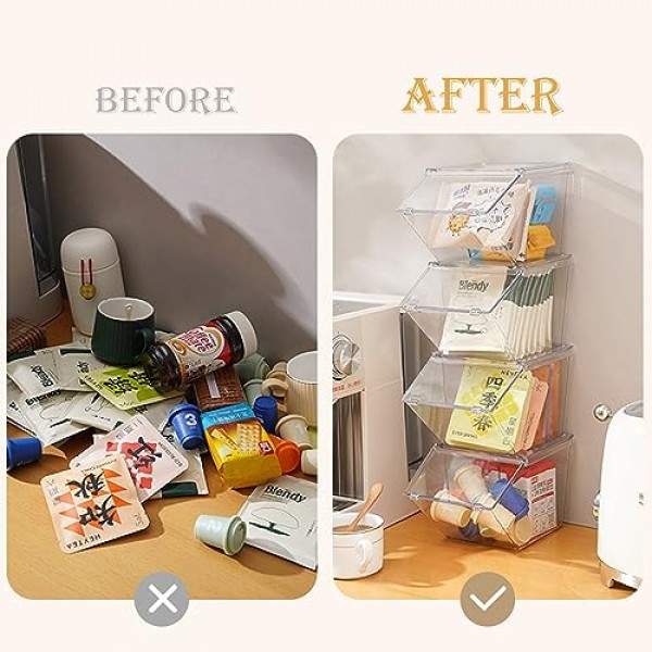 LLGWGL 티백 주최자 커피 포드 홀더 K 컵 홀더, 쌓을 수 있는 대용량 아크릴 책상 주최자 상자 뚜껑이 있는 스낵 주최자, 4팩