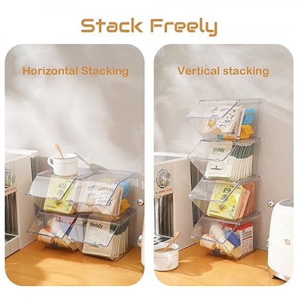 LLGWGL 티백 주최자 커피 포드 홀더 K 컵 홀더, 쌓을 수 있는 대용량 아크릴 책상 주최자 상자 뚜껑이 있는 스낵 주최자, 4팩