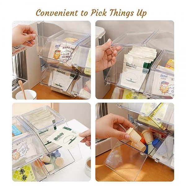 LLGWGL 티백 주최자 커피 포드 홀더 K 컵 홀더, 쌓을 수 있는 대용량 아크릴 책상 주최자 상자 뚜껑이 있는 스낵 주최자, 4팩