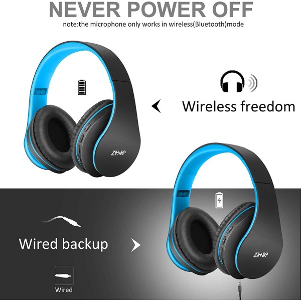ZIHNIC Bluetooth Over Ear Headphones, 무선 접이식 스테레오 헤드셋, 마이크가 내장된 무선 방음 헤드폰Micro SD/TF FM, 폰/패드/PC용 온이어 헤드폰(블랙 블루)