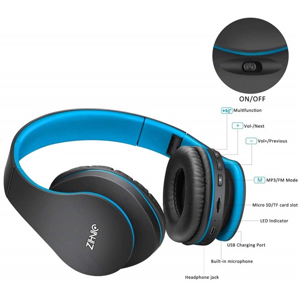 ZIHNIC Bluetooth Over Ear Headphones, 무선 접이식 스테레오 헤드셋, 마이크가 내장된 무선 방음 헤드폰Micro SD/TF FM, 폰/패드/PC용 온이어 헤드폰(블랙 블루)