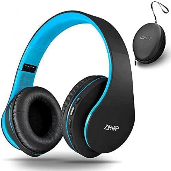ZIHNIC Bluetooth Over Ear Headphones, 무선 접이식 스테레오 헤드셋, 마이크가 내장된 무선 방음 헤드폰Micro SD/TF FM, 폰/패드/PC용 온이어 헤드폰(블랙 블루)