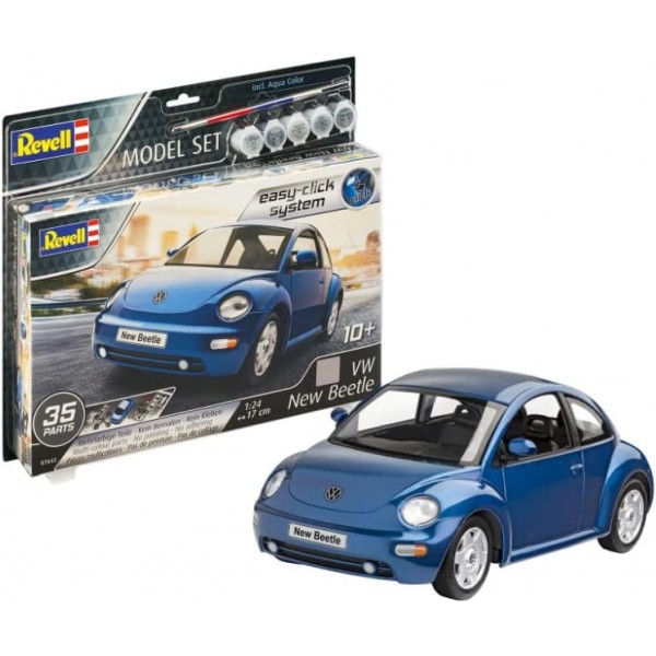 Revell 67643 Model Set VW New Beetle 초보자를 위한 오리지널에 충실한 모델 키트, 이지 클릭 시스템과 기본 악세서리 포함, 컬러링