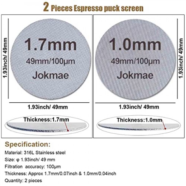 2Pcs 1.7mm 및 1.0mm 두께 49mm 에스프레소 퍽 스크린, 스테인레스 스틸 소결 메쉬 에스프레소 포터 필터 바구니 용 재사용 가능한 필터 하단 샤워 스크린 연락처 스크린 커