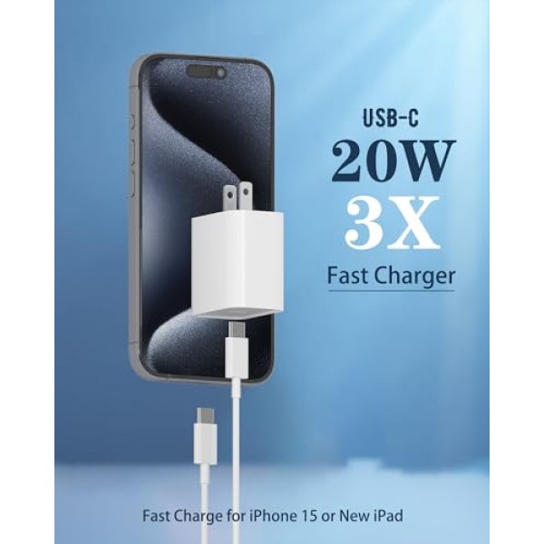 iPhone 15 Pro Max 충전기, FFJHSIO 3Pack 20W iPhone 15 고속 충전 플러그 iPhone 15 Plus/15 Pro/iPad Pro 12.9/11인치 2022/2021/2020,Air 5th/용 6FT USB C-C 케이블 코드가 포함된 브릭 USB C 벽 블록 4