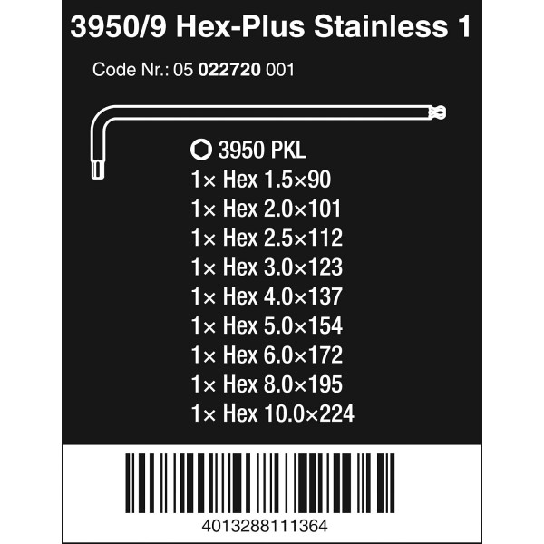 Wera 3950/9 Hex-Plus 스테인리스 1 L 키 세트, 미터법, 9개 및 967SPKL/9BO 다색 TX 키 세트, TX8 - TX40, 9개, 05073599001