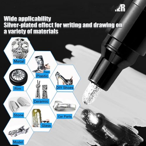 액체 크롬 실버 마커 금속 펜, 모든 Surfac 용 3PCS DIY 실버 액체 크롬 유성 페인트 마커 펜