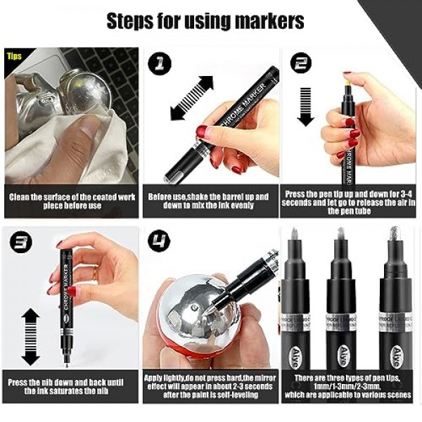 액체 크롬 실버 마커 금속 펜, 모든 Surfac 용 3PCS DIY 실버 액체 크롬 유성 페인트 마커 펜