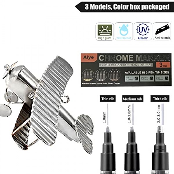 액체 크롬 실버 마커 금속 펜, 모든 Surfac 용 3PCS DIY 실버 액체 크롬 유성 페인트 마커 펜