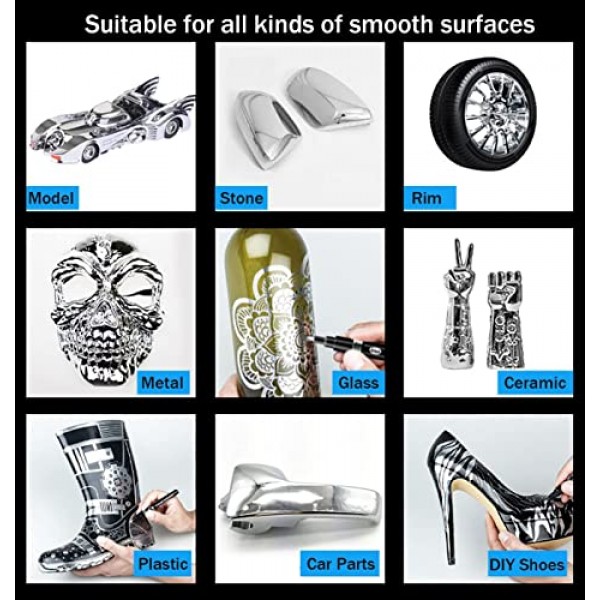 액체 크롬 실버 마커 금속 펜, 모든 Surfac 용 3PCS DIY 실버 액체 크롬 유성 페인트 마커 펜