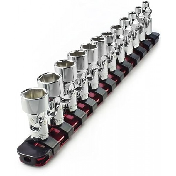 범용 플렉스 소켓 세트 - 1/4인치 드라이브 6점 12피스 회전 소켓 세트(5mm ~ 15mm 미터법) - 좁은 공간에 더 쉽게 접근할 수 있는 회전 조인트 - 알루미늄 보관 레일 포함