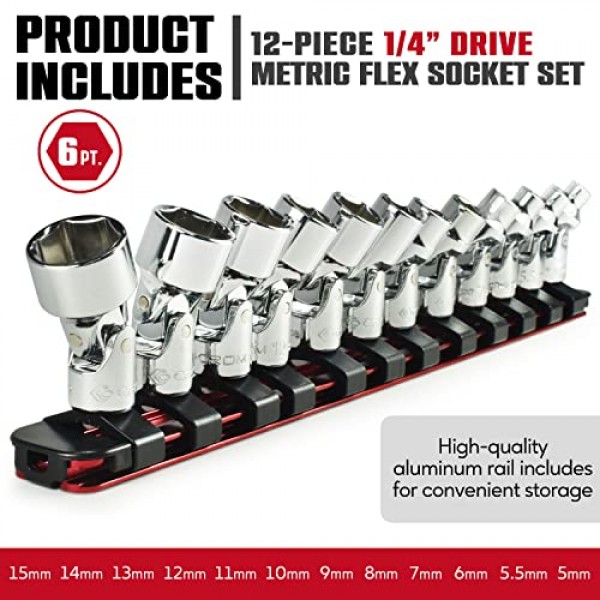 범용 플렉스 소켓 세트 - 1/4인치 드라이브 6점 12피스 회전 소켓 세트(5mm ~ 15mm 미터법) - 좁은 공간에 더 쉽게 접근할 수 있는 회전 조인트 - 알루미늄 보관 레일 포함