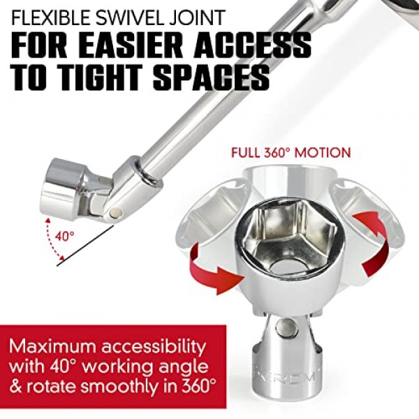 범용 플렉스 소켓 세트 - 1/4인치 드라이브 6점 12피스 회전 소켓 세트(5mm ~ 15mm 미터법) - 좁은 공간에 더 쉽게 접근할 수 있는 회전 조인트 - 알루미늄 보관 레일 포함