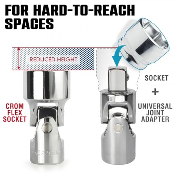 범용 플렉스 소켓 세트 - 1/4인치 드라이브 6점 12피스 회전 소켓 세트(5mm ~ 15mm 미터법) - 좁은 공간에 더 쉽게 접근할 수 있는 회전 조인트 - 알루미늄 보관 레일 포함