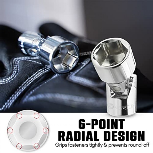 범용 플렉스 소켓 세트 - 1/4인치 드라이브 6점 12피스 회전 소켓 세트(5mm ~ 15mm 미터법) - 좁은 공간에 더 쉽게 접근할 수 있는 회전 조인트 - 알루미늄 보관 레일 포함