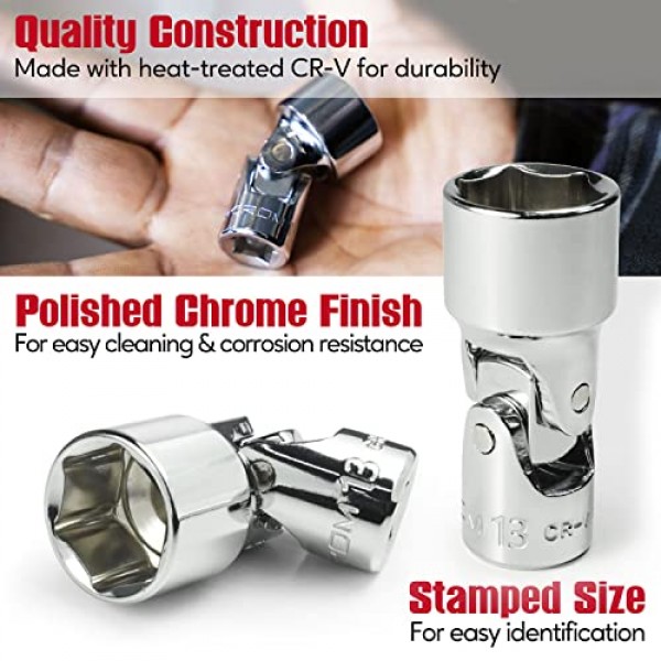 범용 플렉스 소켓 세트 - 1/4인치 드라이브 6점 12피스 회전 소켓 세트(5mm ~ 15mm 미터법) - 좁은 공간에 더 쉽게 접근할 수 있는 회전 조인트 - 알루미늄 보관 레일 포함