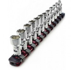 범용 플렉스 소켓 세트 - 1/4인치 드라이브 6점 12피스 회전 소켓 세트(5mm ~ 15mm 미터법) - 좁은 공간에 더 쉽게 접근할 수 있는 회전 조인트 - 알루미늄 보관 레일 포함