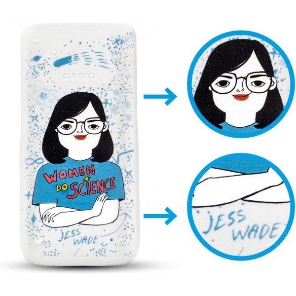 Casio FX-991SPXII Iberia Scientific 계산기, Jess Wade 일러스트레이션, 576가지 기능, 12자리, SOLAR, Jess Wade Scientific 계산기의 흑백 일러스트레이션