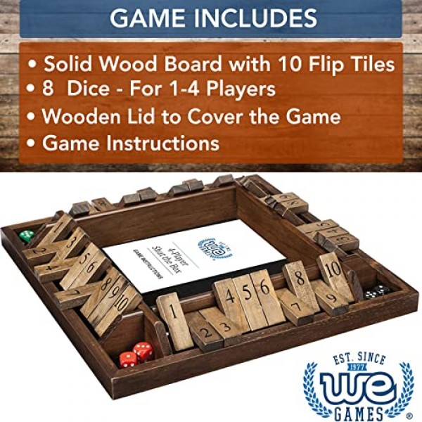 WE Games 4인용 뚜껑이 있는 셧더박스 주사위 보드 게임 - 천연 나무 - 대형 커피 테이블 크기 - 14인치, 교실, 집 또는 바에서 가족 및 성인 게임 야간 놀이용