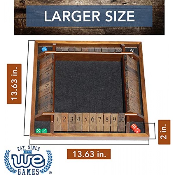 WE Games 4인용 뚜껑이 있는 셧더박스 주사위 보드 게임 - 천연 나무 - 대형 커피 테이블 크기 - 14인치, 교실, 집 또는 바에서 가족 및 성인 게임 야간 놀이용