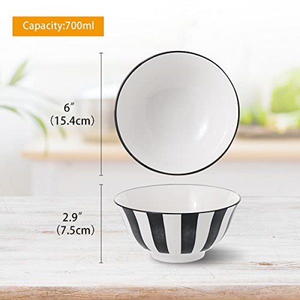 시리얼 그릇 도자기 수프 그릇 - 세라믹 그릇 세트 23온스 - 6인치 샐러드용 일본 그릇 흑백 | 라면 | 국수 | 포 | 귀리 | 오트밀 - 전자레인지 및 식기세척기 사용 가능 - 6