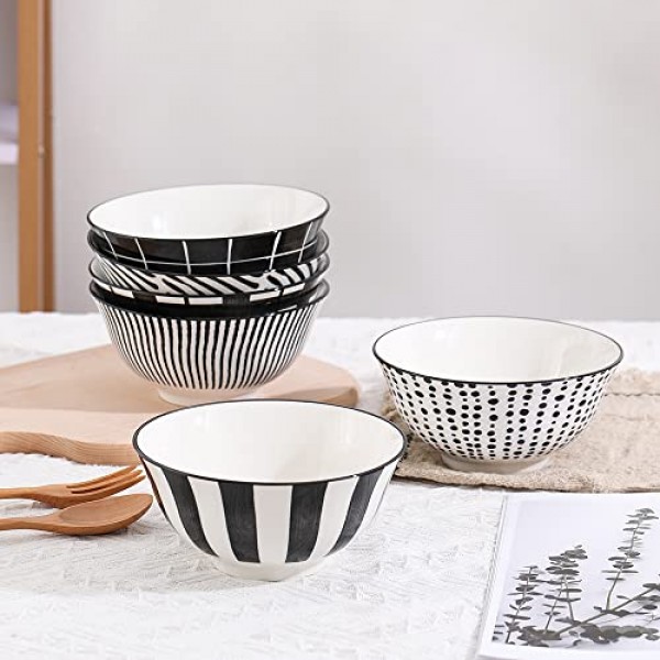 시리얼 그릇 도자기 수프 그릇 - 세라믹 그릇 세트 23온스 - 6인치 샐러드용 일본 그릇 흑백 | 라면 | 국수 | 포 | 귀리 | 오트밀 - 전자레인지 및 식기세척기 사용 가능 - 6