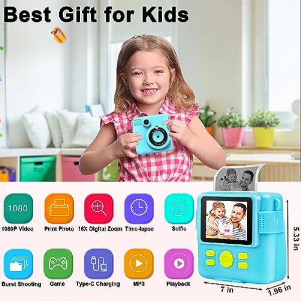 어린이를 위한 GKTZ 즉석 인쇄 카메라 - 1080P HD 즉석 인쇄 사진 - 4 5 6 7 8 9 10 여아 소년을 위한 크리스마스 생일 선물 - 인화지 3개, 컬러 펜 5개, 32GB 카드가 포함된 휴대