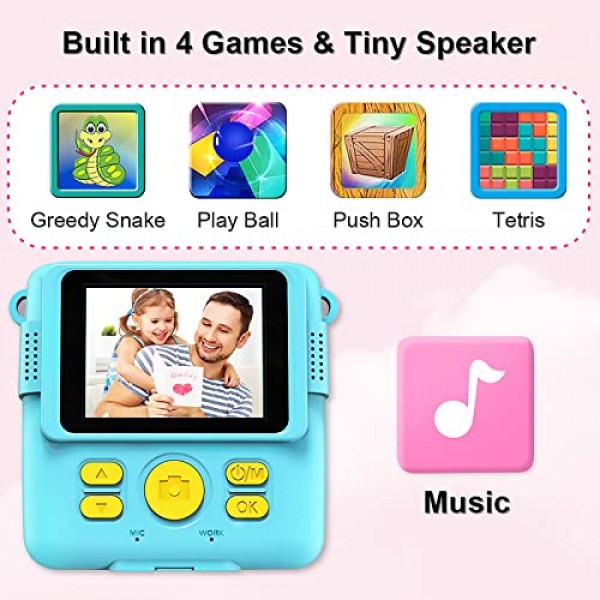 어린이를 위한 GKTZ 즉석 인쇄 카메라 - 1080P HD 즉석 인쇄 사진 - 4 5 6 7 8 9 10 여아 소년을 위한 크리스마스 생일 선물 - 인화지 3개, 컬러 펜 5개, 32GB 카드가 포함된 휴대