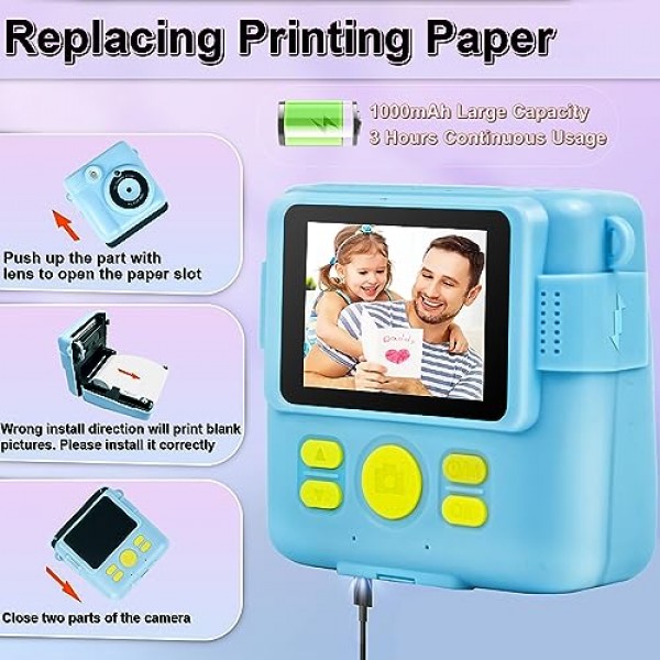 어린이를 위한 GKTZ 즉석 인쇄 카메라 - 1080P HD 즉석 인쇄 사진 - 4 5 6 7 8 9 10 여아 소년을 위한 크리스마스 생일 선물 - 인화지 3개, 컬러 펜 5개, 32GB 카드가 포함된 휴대