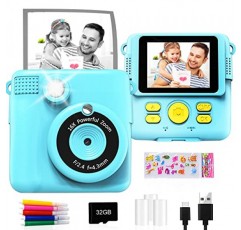 어린이를 위한 GKTZ 즉석 인쇄 카메라 - 1080P HD 즉석 인쇄 사진 - 4 5 6 7 8 9 10 여아 소년을 위한 크리스마스 생일 선물 - 인화지 3개, 컬러 펜 5개, 32GB 카드가 포함된 휴대