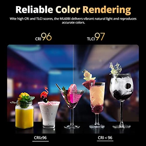 Godox ML60Bi ML60 Bi 60W 이중 색상 LED 조명 무음 모드 휴대용 밝기 조정 지원 리튬 이온 실외 LED 조명(2X NP970 리튬 배터리 포함)