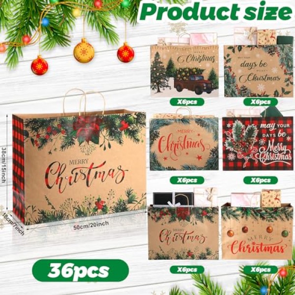 36 Pcs 초대형 크리스마스 선물 종이 봉투, 20 x 7 x 15'' 핸들이 있는 크리스마스 토트 백 점보 크리스마스 선물 가방 휴일 선물 포장용 대량 크래프트 종이 선물 가방 크