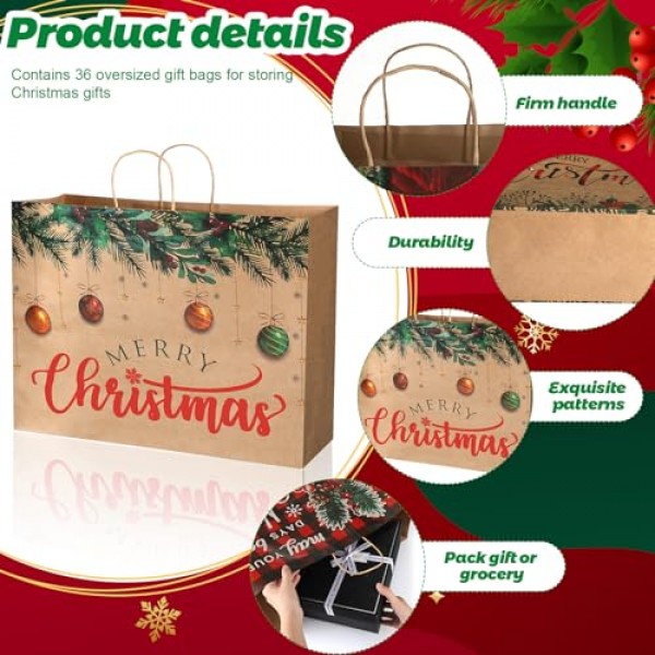 36 Pcs 초대형 크리스마스 선물 종이 봉투, 20 x 7 x 15'' 핸들이 있는 크리스마스 토트 백 점보 크리스마스 선물 가방 휴일 선물 포장용 대량 크래프트 종이 선물 가방 크