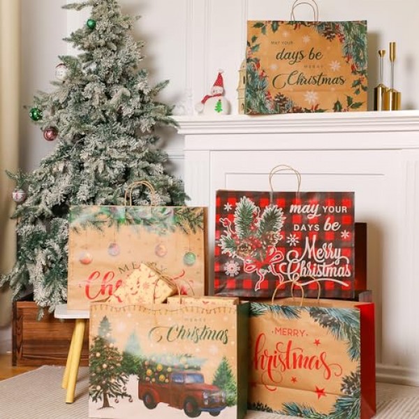 36 Pcs 초대형 크리스마스 선물 종이 봉투, 20 x 7 x 15'' 핸들이 있는 크리스마스 토트 백 점보 크리스마스 선물 가방 휴일 선물 포장용 대량 크래프트 종이 선물 가방 크