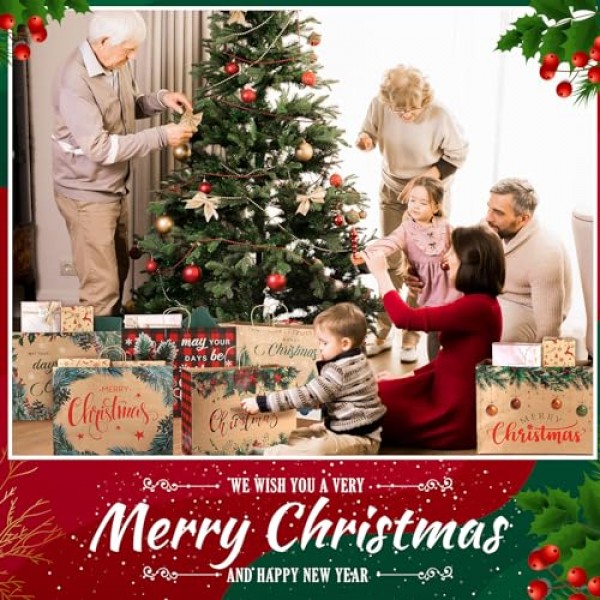 36 Pcs 초대형 크리스마스 선물 종이 봉투, 20 x 7 x 15'' 핸들이 있는 크리스마스 토트 백 점보 크리스마스 선물 가방 휴일 선물 포장용 대량 크래프트 종이 선물 가방 크