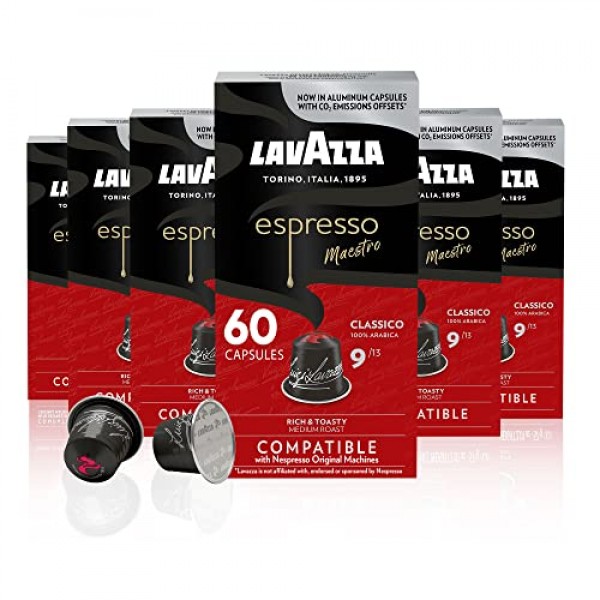 Lavazza Espresso Classico 미디엄 로스팅 100% 아라비카 알루미늄 캡슐 네스프레소 오리지널 머신과 호환 가능(60개 팩), Value Pack, 달콤하고 균형 잡힌, 다크 크레마, 강도 9 13
