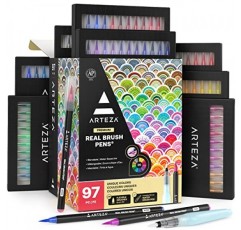 ARTEZA 리얼 브러시 펜, 96개 드로잉 펜 팩, 유연한 브러시 팁, 전문가용 수채화 펜, 드로잉 마커, 무독성, 예술가, 애호가 및 서예 애호가용