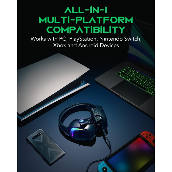 PC PS4 PS5 Xbox Nintendo 스위치용 Black Shark 게임용 헤드셋, RGB 조명이 있는 유선 헤드폰, 울트라 클리어 마이크, 게이머용 소음 차단 헤드폰 블랙